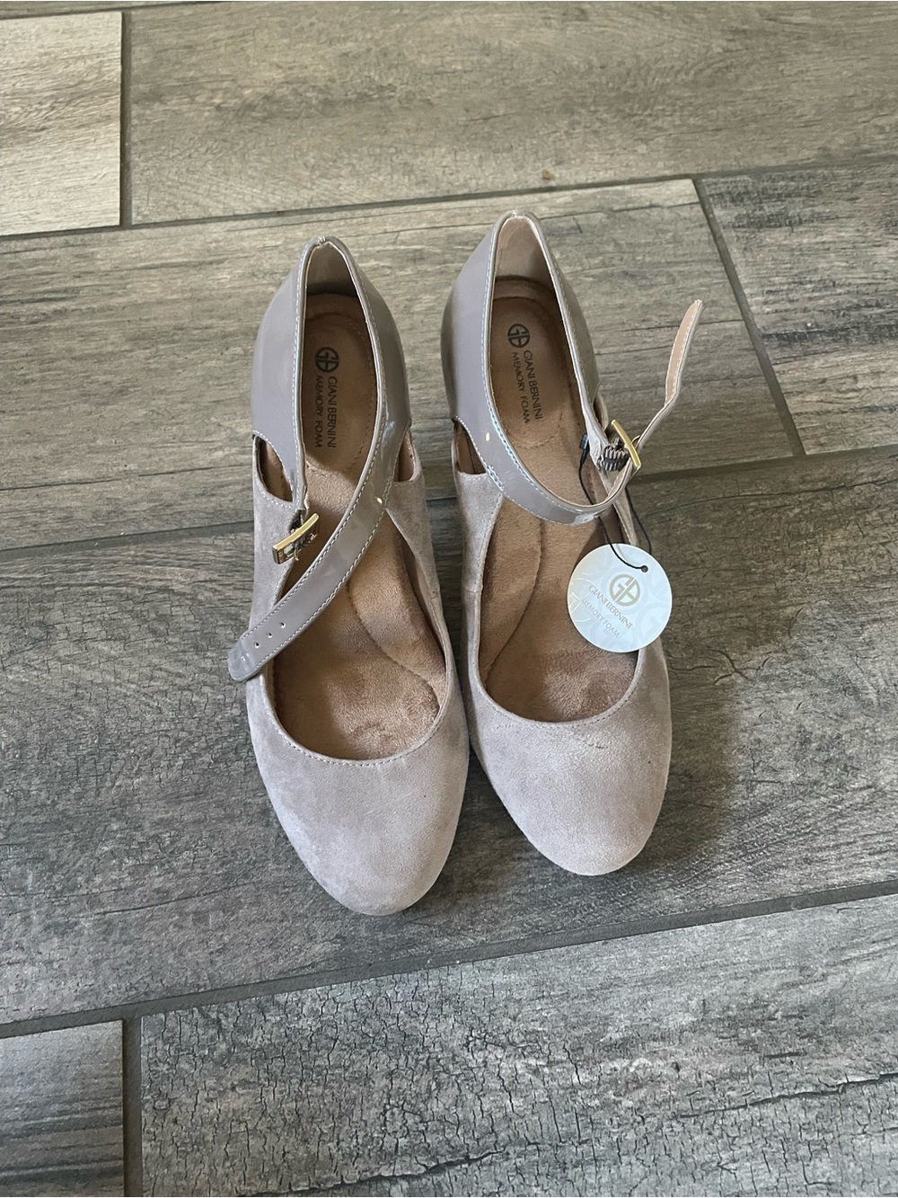 Gianni Bini Taupe Suede Cross-Strap Heels with Gold Buckle